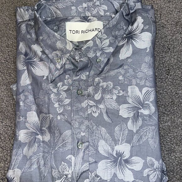 TORI RICHARD 100% Cotton Men's Gray Floral Design Button Up Long Sleeve Shirt -L - Picture 8 of 14